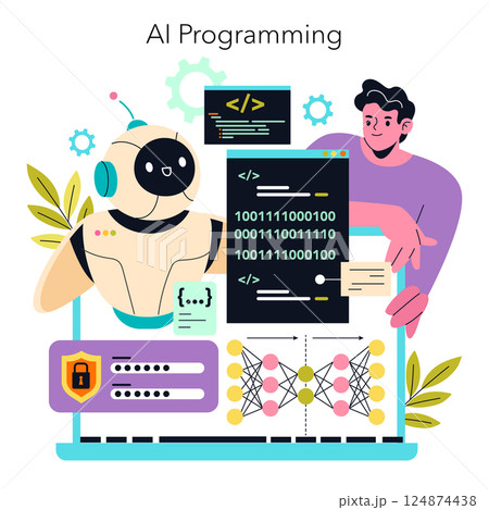 AI programming illustration featuring a cheerful robot and a programmer collaborating on code. The design is engaging and reflects the growing intersection of technology and creativity in artificial 124874438