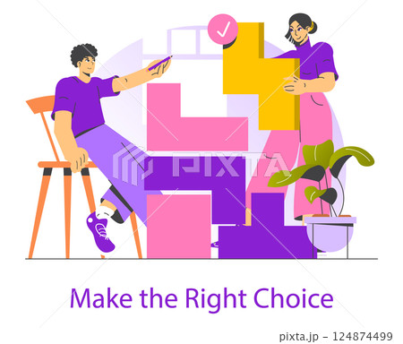 Interactive scene illustrating two individuals collaboratively selecting colorful geometric shapes. The focus on teamwork fosters an engaging atmosphere, reflecting the essence of intuitive decision 124874499