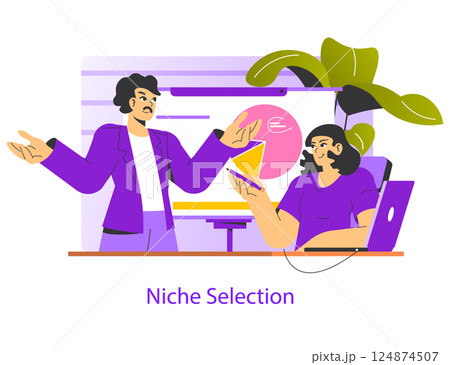 Niche selection discussion illustrates a collaborative decision-making process. Two professionals engage in dialogue, examining strategies and data for successful niche market identification. Vector 124874507