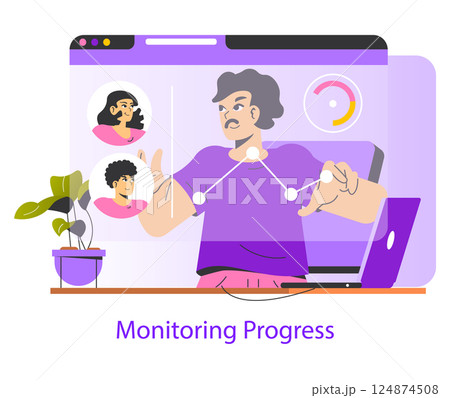 Delegation illustration focusing on monitoring progress through visual data representation. It highlights interaction with team members and demonstrates effective communication and guidance. Vector 124874508