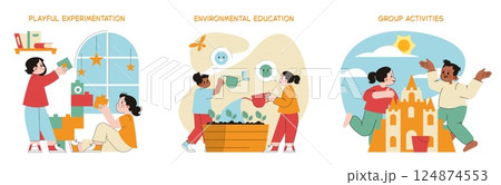 Preschool education themes focus on playful experimentation, environmental awareness, and group activities. These concepts promote creativity, teamwork, and a love for learning in young children 124874553