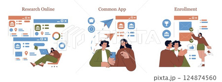 College Choice trio: Steps from online research to enrollment depicted with students using educational apps and celebrating acceptance. 124874560