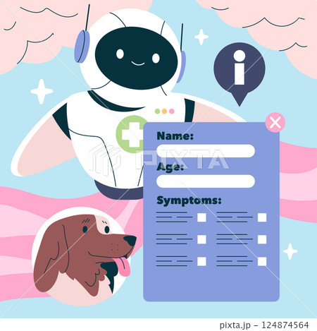 AI veterinary consultation service for pet owners. The friendly robot assists with pet health inquiries through interactive forms, facilitating quick and easy access to veterinary information. Vector AI veterinary consultation service for pet owners. The friendly robot assists with pet health inquiries through interactive forms, facilitating quick and easy access to veterinary information. Vector 124874564