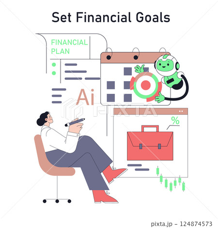 Robot adviser assists in setting financial goals, presenting a financial plan, and organizing tasks with a calendar. Visualizes data analysis and goal tracking for effective planning. Vector Robot adviser assists in setting financial goals, presenting a financial plan, and organizing tasks with a calendar. Visualizes data analysis and goal tracking for effective planning. Vector 124874573