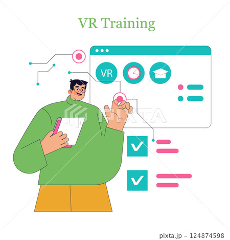 VR training illustrates the merging of technology and education, showcasing a person engaging with virtual learning tools. This modern approach enhances skills through interactive training modules and VR training illustrates the merging of technology and education, showcasing a person engaging with virtual learning tools. This modern approach enhances skills through interactive training modules and 124874598