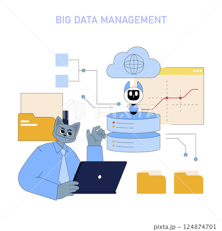AI integration in business enhances big data management through advanced analytics and automation. This illustration represents the synergy between technology and data professionals. AI integration in business enhances big data management through advanced analytics and automation. This illustration represents the synergy between technology and data professionals. 124874701