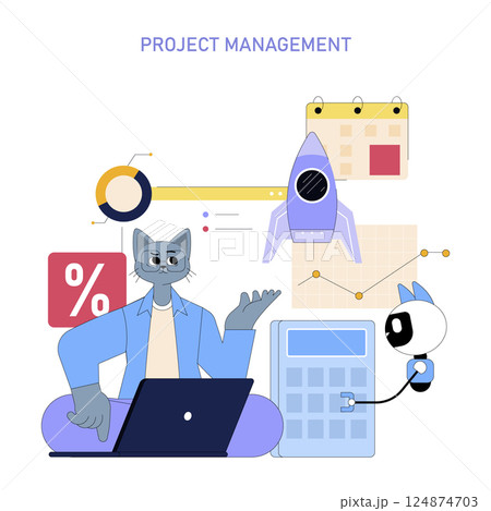 Project management illustration. A creative representation of project management involves analytics, scheduling, and teamwork. Tools include a laptop, charts, and a calculator. Vector illustration. 124874703