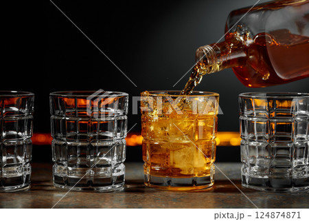 Whiskey is poured into a glass with ice. 124874871