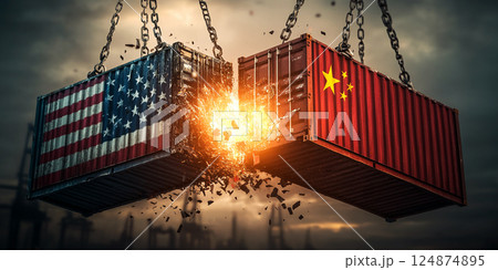 USA and China trade war concept. Two cargo container  with  the Chinese and United states of America flag.  124874895