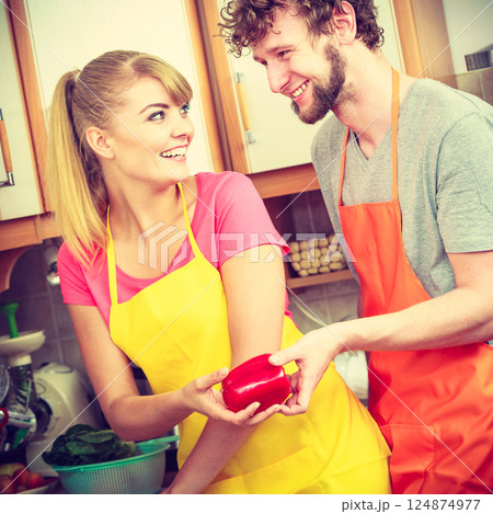 Couple preparing fresh vegetables food salad 124874977