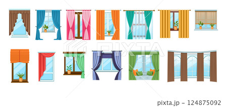 Curtains and Blinds Flat Icons. Colorful Window Drapes Vector Illustration Collection 124875092