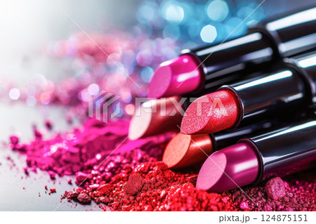 Cosmetics and beauty illustration, a set of lipsticks on a crushed eye shadows background. 124875151
