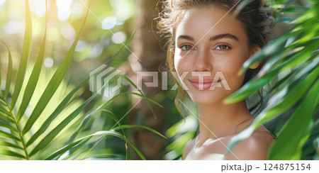 Beautiful young woman against a tropical palm tree background. Face care, organic cosmetic, cosmetology, beauty treatment and spa concept. 124875154