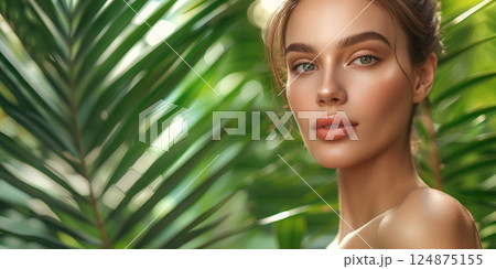 Beautiful young woman against a tropical palm tree background. Face care, organic cosmetic, cosmetology, beauty treatment and spa concept. 124875155