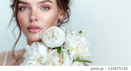 Beautiful young woman with fresh clean skin on white background with white peony flowers with copy space. Face care, cosmetology, beauty treatment and spa concept. 124875156