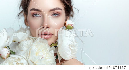 Beautiful young woman with fresh clean skin on white background with white peony flowers with copy space. Face care, cosmetology, beauty treatment and spa concept. 124875157