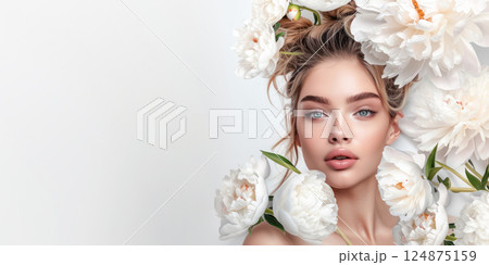 Beautiful young woman with fresh clean skin on white background with white peony flowers with copy space. Face care, cosmetology, beauty treatment and spa concept. 124875159