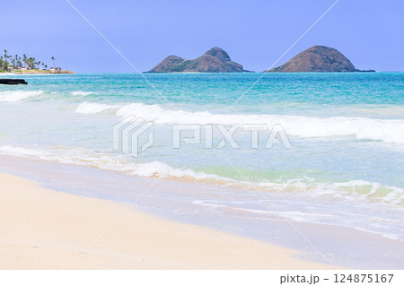 ハワイの休日　オアフ島ベローズビーチから望むモクルア島 124875167