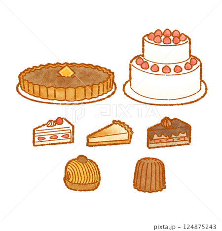 手描き風の可愛いケーキのベクターイラストセット（ 124875243
