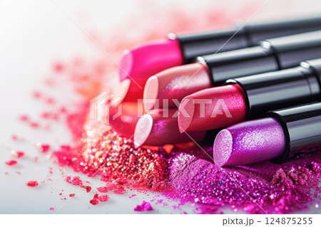 Cosmetics and beauty illustration, a set of lipsticks on a crushed eye shadows background. 124875255