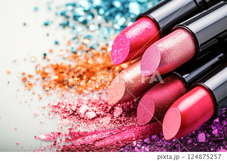 Cosmetics and beauty illustration, a set of lipsticks on a crushed eye shadows background. 124875257