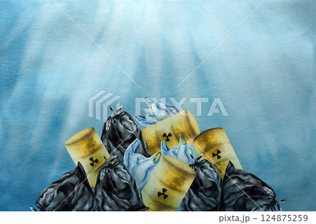 Mountain of garbage. Underwater sea , sunlight in ocean. Frame, template. Bags filled with trash, rusty oil barrels. Watercolor hand drawn illustration isolated on background. Recycling. Agriculture Mountain of garbage. Underwater sea , sunlight in ocean. Frame, template. Bags filled with trash, rusty oil barrels. Watercolor hand drawn illustration isolated on background. Recycling. Agriculture 124875259