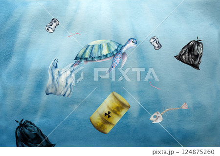 Underwater sea , sunlight in ocean with garbage. Sea turtle, plastic bag filled with trash, rusty oil barrels. Crumpled aluminum can. Watercolor hand drawn illustration isolated on background Underwater sea , sunlight in ocean with garbage. Sea turtle, plastic bag filled with trash, rusty oil barrels. Crumpled aluminum can. Watercolor hand drawn illustration isolated on background 124875260
