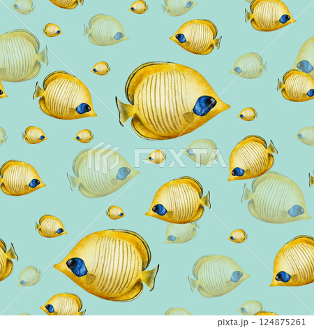 Butterflyfish seamless pattern. Colorful tropical fish. Watercolor hand drawn illustration isolated on background. For designers, postcards, greetings, birthday, calendar, wallpapers, wrapping paper, Butterflyfish seamless pattern. Colorful tropical fish. Watercolor hand drawn illustration isolated on background. For designers, postcards, greetings, birthday, calendar, wallpapers, wrapping paper, 124875261