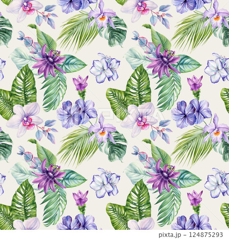 Watercolor seamless pattern passion flowers, exotic leaves. Tropical floral nature design floral background card, poster Watercolor seamless pattern passion flowers, exotic leaves. Tropical floral nature design floral background card, poster 124875293