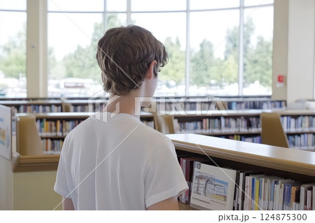 Back view of a male student in a library. The library offers a world of knowledge as a male student stands with his back to us, contemplating his choices. 124875300