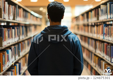 Back view of a male student in a library. The back of a male student reveals his passion for learning as he explores the library's endless collection. 124875301