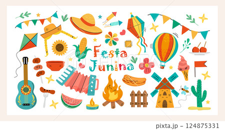 Festa Junina clipart set. Colorful hand drawn vector illustrations accordion, bonfire, corn, guitar, food, flags, balloon, fireworks and festival decor. Perfect for summer, parties, kids and posters. 124875331