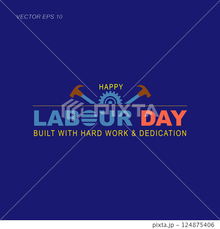Happy Labour Day with Striped Text and Gear on Dark Blue Background 124875406