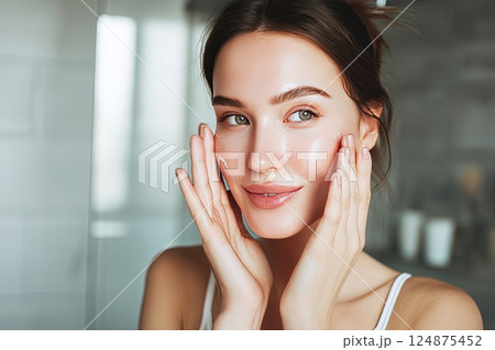 40 year old Caucasian woman applying moisturizer to her face. Skin beauty and elasticity after 40. A woman lovingly cares for her skin, applying moisturizer to maintain its beauty at 40 and beyond. 124875452