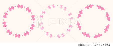 Coquette Pink Ribbon Bow Circle Frame set. Vintage isolated Elegant round border. Romantic Girly Vibe. Vector illustration for design, wedding, invitation, card 124875463