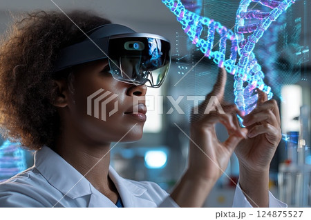 Female scientist wearing an AR headset interacting with a holographic DNA structure. In her lab, the female scientist utilizes augmented reality to visualize complex DNA structures holographically. 124875527