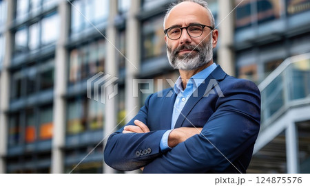 A middle-aged businessman against the backdrop of skyscrapers in the business district of a modern city. The city's energy fuels the businessman's ambition and determination. A middle-aged businessman against the backdrop of skyscrapers in the business district of a modern city. The city's energy fuels the businessman's ambition and determination. 124875576