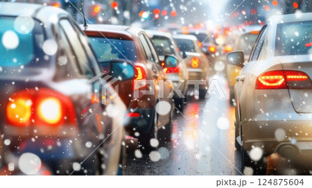 Traffic during snowstorm in winter urban road. Difficult road conditions during a snow storm. Red taillights pierce through swirling snowfall. 124875604