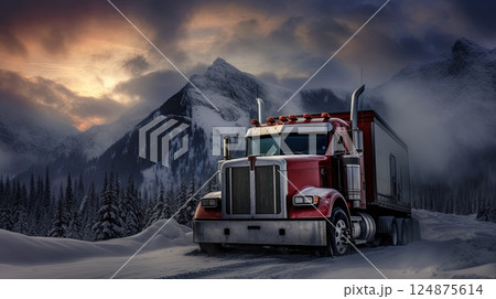 Truck driving on the winter asphalt road in rural landscape with dark clouds. Delivery of goods and mail. Road freight transportation as a key moment in the development of the economy. Truck driving on the winter asphalt road in rural landscape with dark clouds. Delivery of goods and mail. Road freight transportation as a key moment in the development of the economy. 124875614