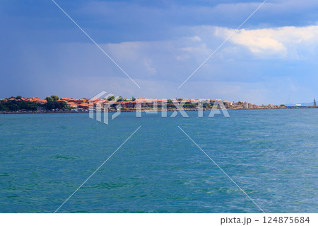 View of the old town of Nessebar and the Black sea, Bulgaria. View from a sea View of the old town of Nessebar and the Black sea, Bulgaria. View from a sea 124875684