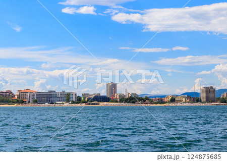 View of the Black sea and Sunny Beach resort in Bulgaria. View from a sea 124875685
