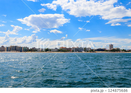 View of the Black sea and Sunny Beach resort in Bulgaria. View from a sea View of the Black sea and Sunny Beach resort in Bulgaria. View from a sea 124875686