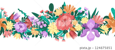 Decorative seamless border with garden flowers. Playful vector bunch with bright blossoms and leafy lush greens. Whimsical wildflower scene with textured petals. For spring-themed patterns and prints Decorative seamless border with garden flowers. Playful vector bunch with bright blossoms and leafy lush greens. Whimsical wildflower scene with textured petals. For spring-themed patterns and prints 124875851