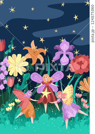 Vector of fairies dancing in fantasy garden with bright flowers. Starry night sky and lush foliage background. Magical garden scene with winged girls in round dance. Fairy tale prints and cards 124875860