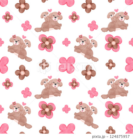 Seamless Pattern Shih Tzu Dog Cartoon in Watercolor with flower and heart 124875957