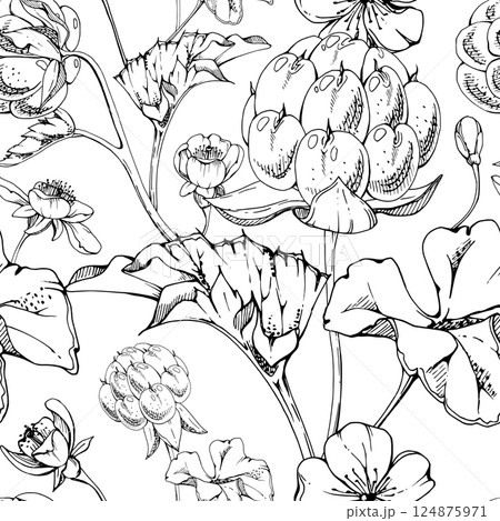 Cloudberry raspberry with white flowers, autumn leaves hand drawn vector ink, line ripe forest berry on stems. Seamless pattern wallpaper illustration. Restaurant, farmers market, cafe menu, wedding Cloudberry raspberry with white flowers, autumn leaves hand drawn vector ink, line ripe forest berry on stems. Seamless pattern wallpaper illustration. Restaurant, farmers market, cafe menu, wedding 124875971