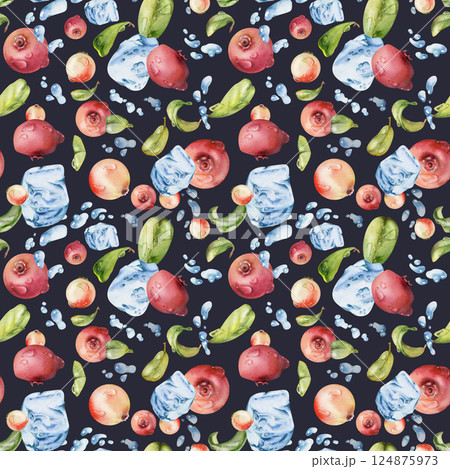 Cranberry lingonberry flying in water splash with ice cubes, dew drops, green leaves. Ripe forest berry. Dark background seamless pattern hand drawn in watercolor. Patchwork, textile, farmers market 124875973