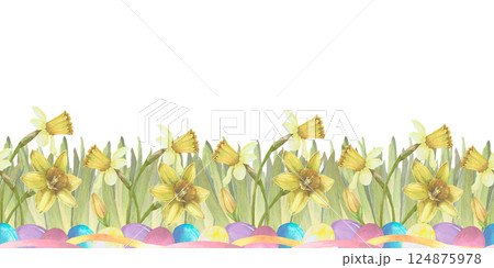 Seamless border with Easter eggs and narcissus flowers watercolor illustration isolated on white. Spring flowers and eggs hand drawn in pastel colors for Easter cards, packaging and holiday decor Seamless border with Easter eggs and narcissus flowers watercolor illustration isolated on white. Spring flowers and eggs hand drawn in pastel colors for Easter cards, packaging and holiday decor 124875978