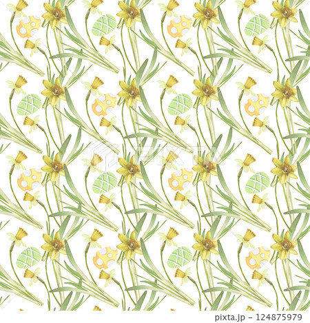 Seamless pattern with Easter eggs and narcissus flowers watercolor illustration isolated on white. Spring flowers and eggs hand drawn in pastel colors for Easter cards, packaging and holiday decor Seamless pattern with Easter eggs and narcissus flowers watercolor illustration isolated on white. Spring flowers and eggs hand drawn in pastel colors for Easter cards, packaging and holiday decor 124875979