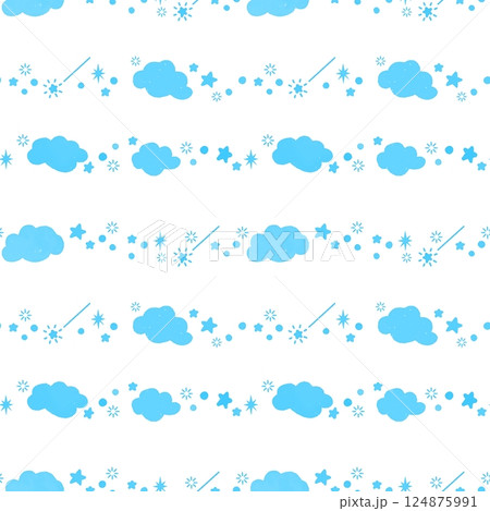 星と雲の背景素材　星空　シームレスパターン　水色　ブルー 124875991